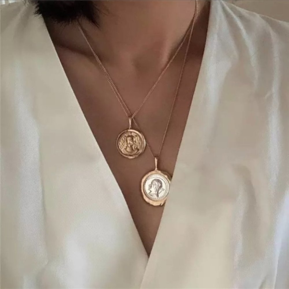 Coin Pendant Vintage Double Chain Layered Necklace